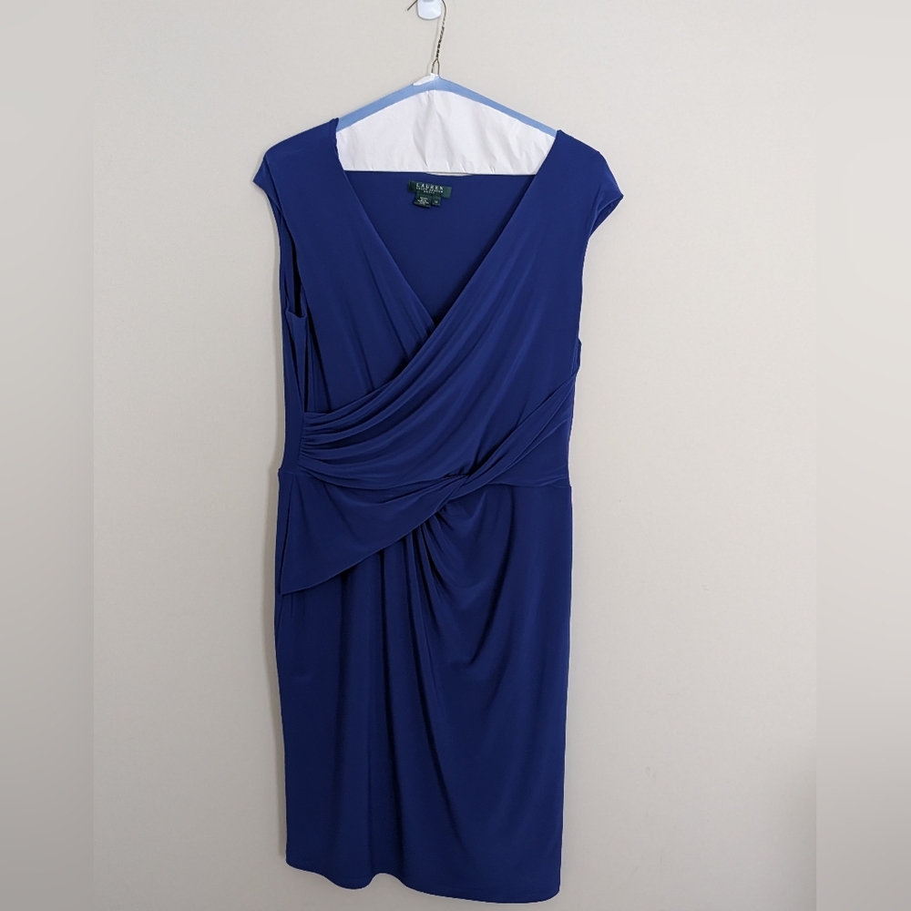 Ralph Lauren Women's Dress Blue Stretch Faux Wrap Sheath Size 16